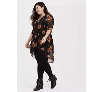 Torrid Lexie Black Colorful Floral Sheer‎ Chiffon Hi Low Button Tunic Size 2X